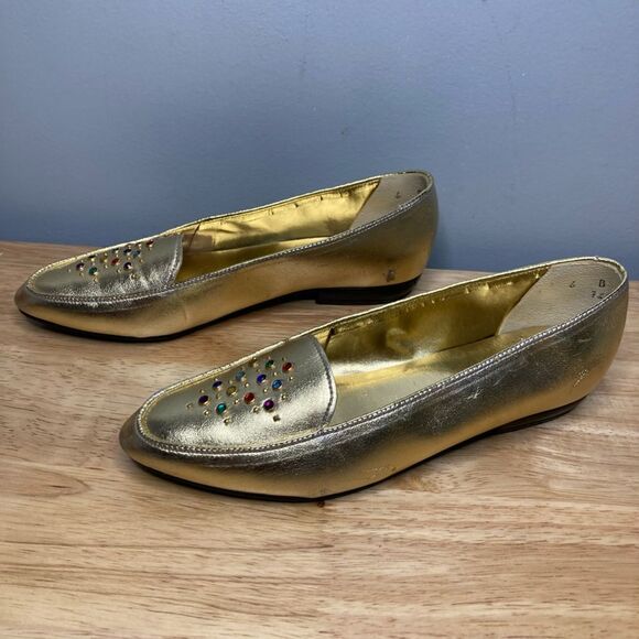 9 West Nine West Gold Metallic Vintage Loafers Rhinestone Pointed Toe Women’s 6 - Picture 11 of 12